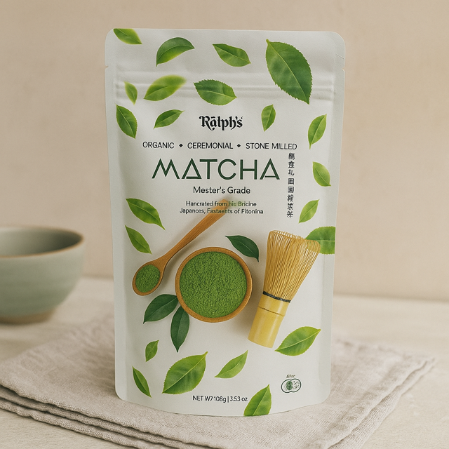 Raph's Matcha packaging with green leaves and tea utensils on a beige background