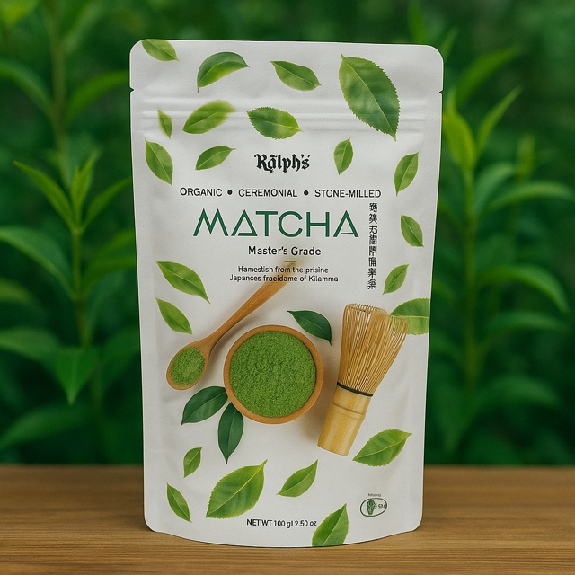 Ralph's Matcha packaging with green leaves and tea utensils on a blurred green background